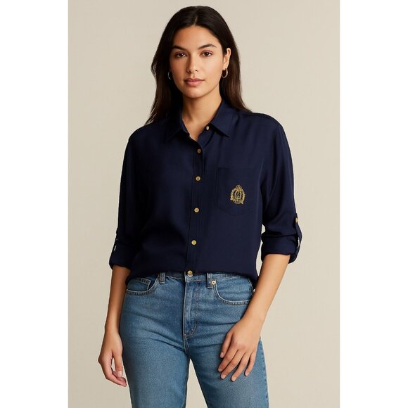 Lauren Ralph Lauren Women’s Size 12 100% Silk Navy Blouse – Gold Crest Logo – Lo - Picture 6 of 6